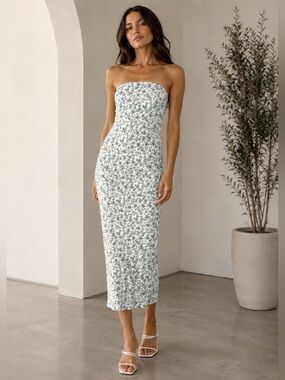 HOUSE OF HARLOW Strapless Green Floral Midi Dress